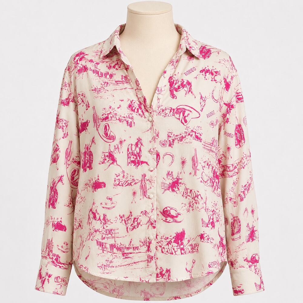 Free People Intimately Western Rodeo Print Button Down Shirt Women's Large Pink